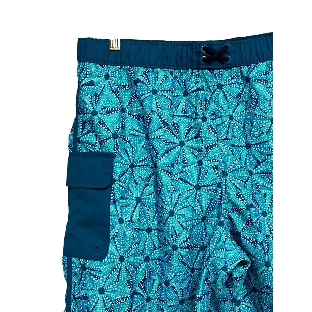 Lands End Swim Trunks Mens XXL Blue Teal Starburst Cargo Pocket Nautical Summer